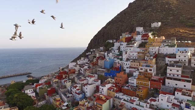 Great View On A Little Coastal City In Mountains, Aerial