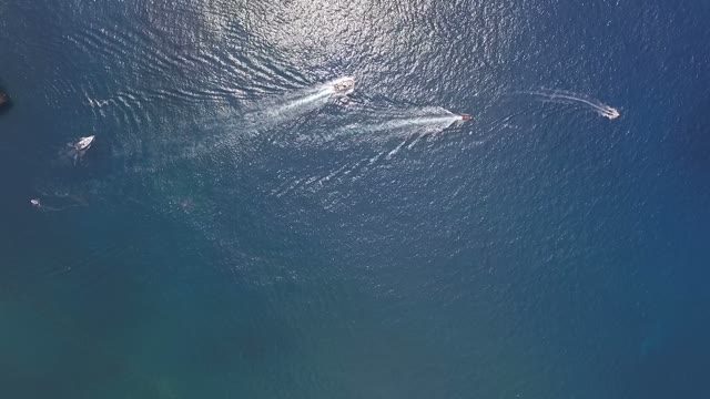 Ships Floating On Open Sea, Aerial View