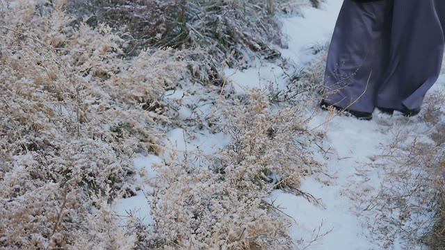 Girl In A Broad Fashion Pants Walking On The Snow