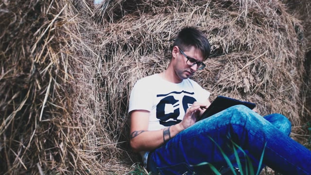 The Guy With Glasses Among The Many Haystacks Hard At Work On A Laptop