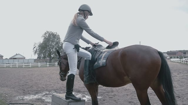 The Girl Jockey Sits In The Saddle On Her Horse