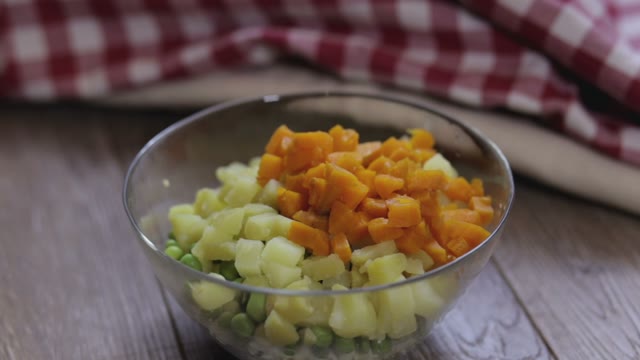Cook Added Pieces Of Chicken To The Salad Close-up