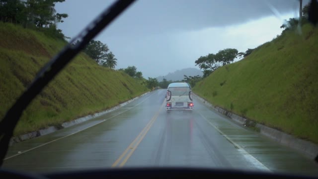 The View From The Car Window On The Way During The Rain Amongst The Green