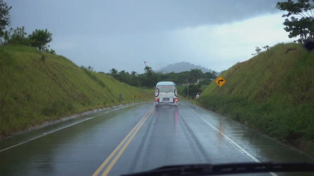 Wet Road From The Car Window While Driving In Rainy Weather