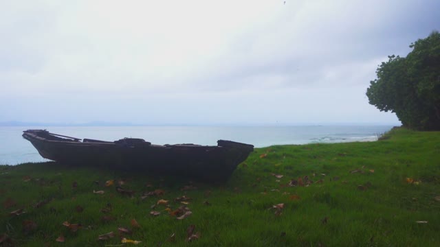 Old Boat On The Soft Green Grass At The Shore Of The Ocean
