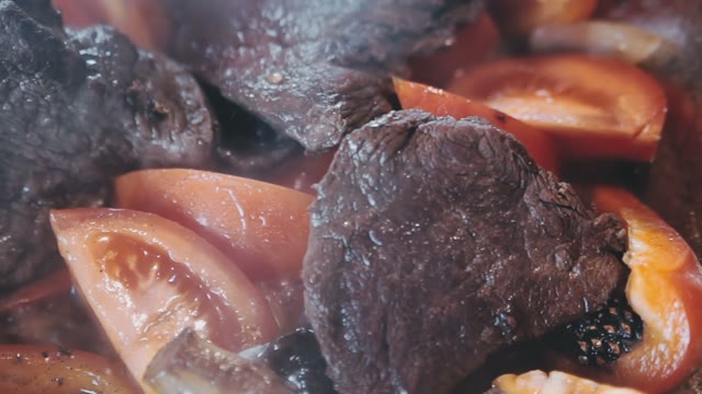 Meat With Tomatoes, Peppers, Carrots Stewed Together