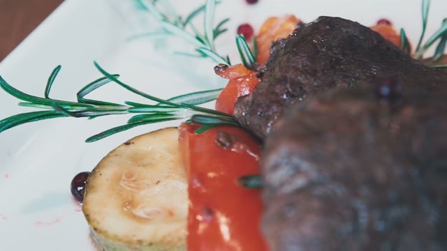 Served Beef Steak With Roasted Vegetables On A Plate