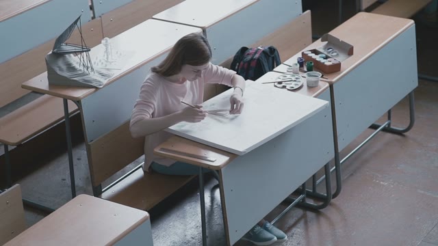 Girl Engineering Student Working On Drawing Red