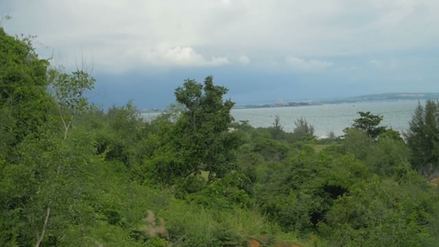 The Blue Water And Green Forests Of The Passing Car