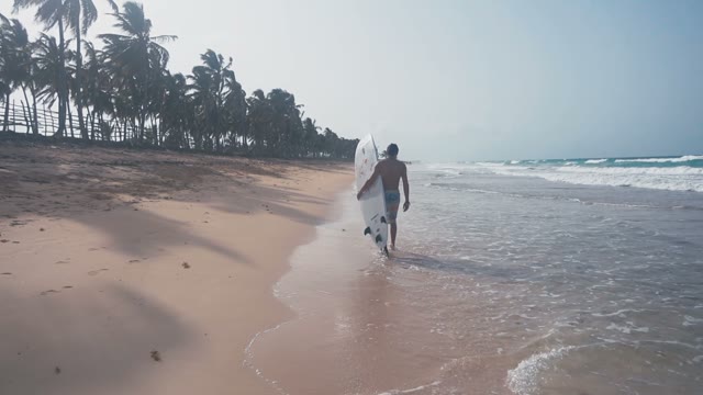 A Young Handsome Surfer Is Walking Along The Amazing Tropical Beach