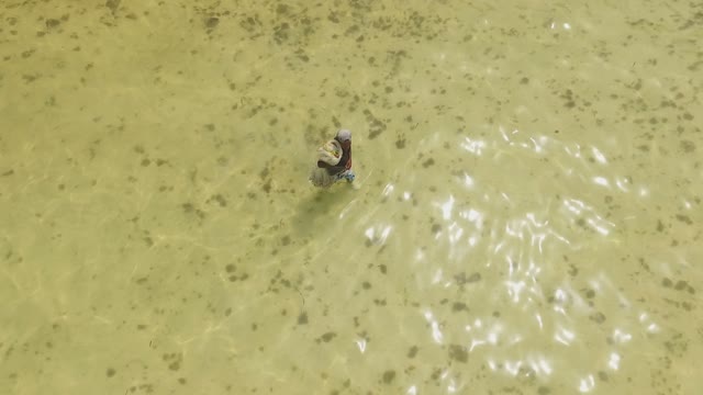 The Man Is Fishing In The River With A Net