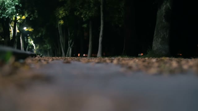 Cyclist Rides Along A Road At Night Close-up