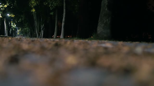 Cyclist Rides Along A Road At Night Close-up