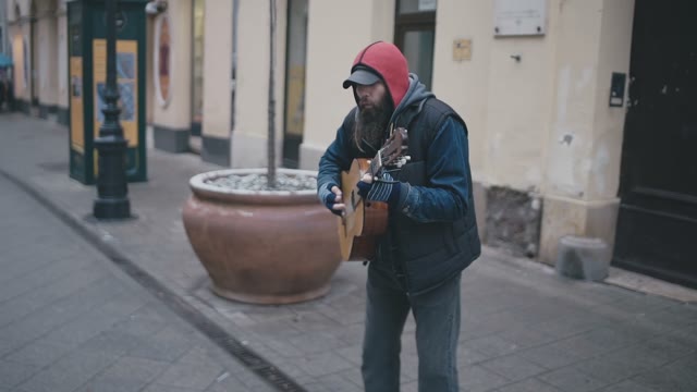 Bearded Man Playing Guitar On Street Prague