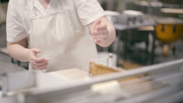 Woman Kneads The Dough And Puts It On The Conveyor