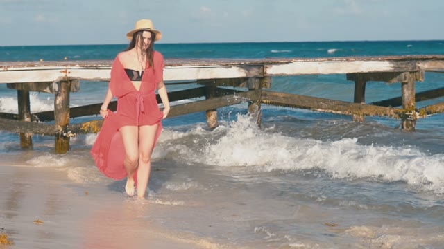 Girl Is Walking Along The Seashore