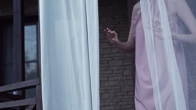 Girl Opens The Curtains And Goes Outside