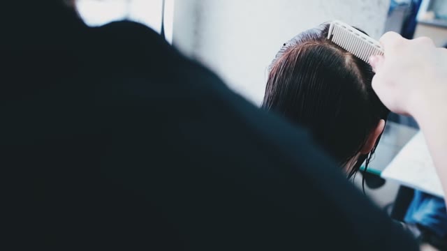 Hairdresser Combs Customer Hair For Haircuts