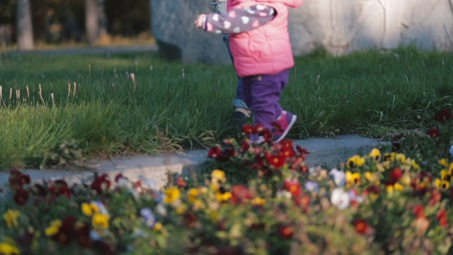 Mother And Little Daughter's Hand Go. Near The Flowers Grow.